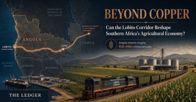 The Lobito Corridor from Angola's Atlantic coast through inland agricultural regions toward Zambia and the DRC.