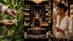 Triptych showing vanilla hand-pollination, a luxury perfume boutique and a consumer buying fragrance.