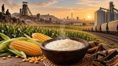 Maize, pap, South African mining, grain silos and rail infrastructure illustrating the history of South Africa’s maize economy.